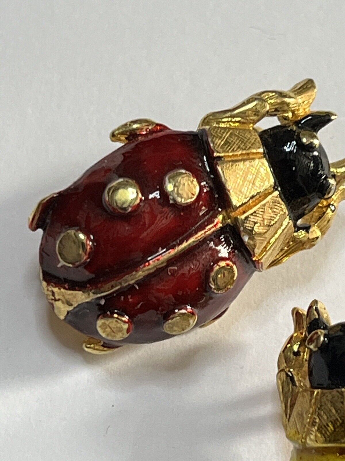 Vintage Ladybird Red Yellow Enamel Set Of 2 Brooches