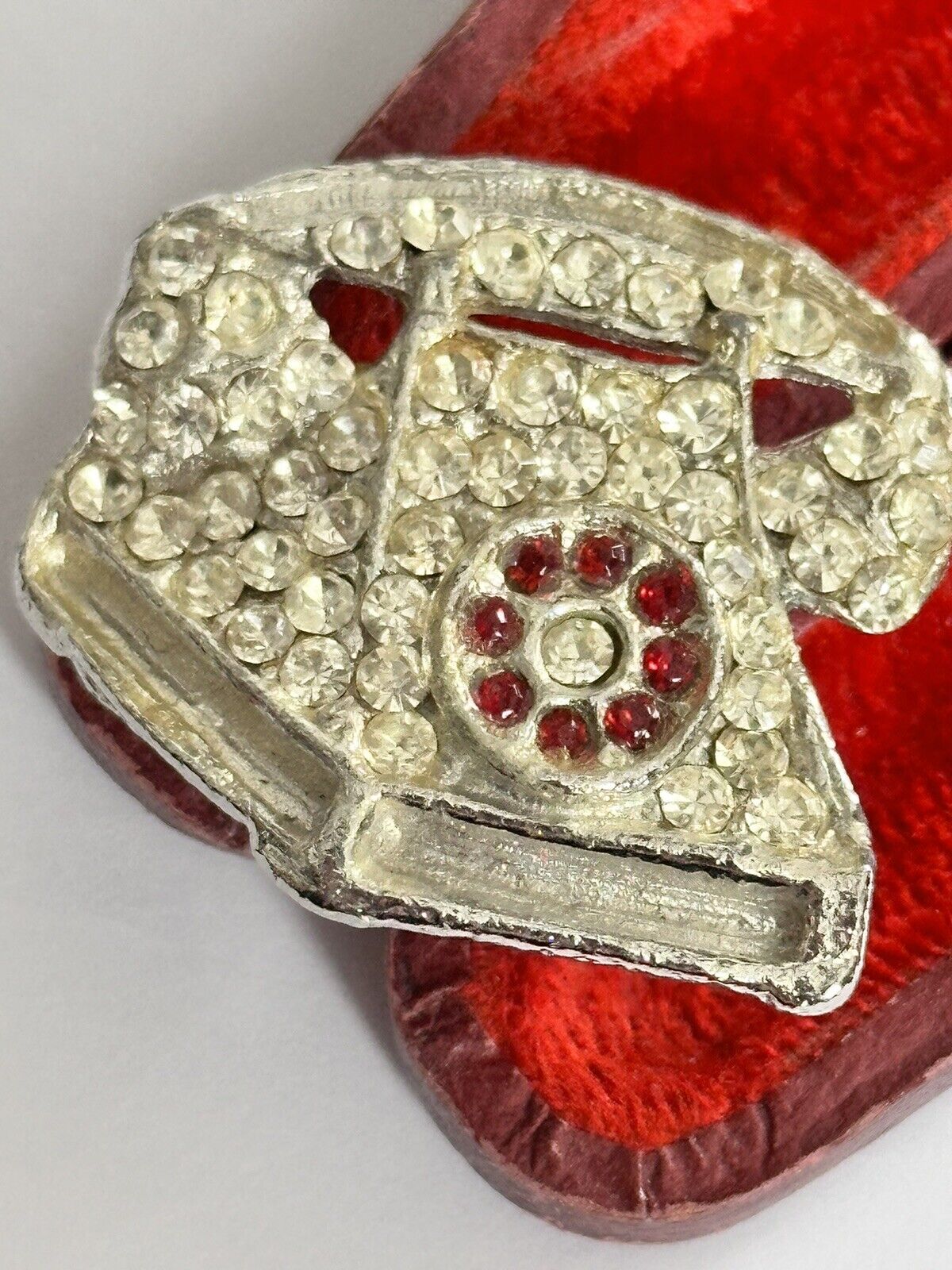 Vintage Old Silver Tone Clear Red Paste Telephone Brooch