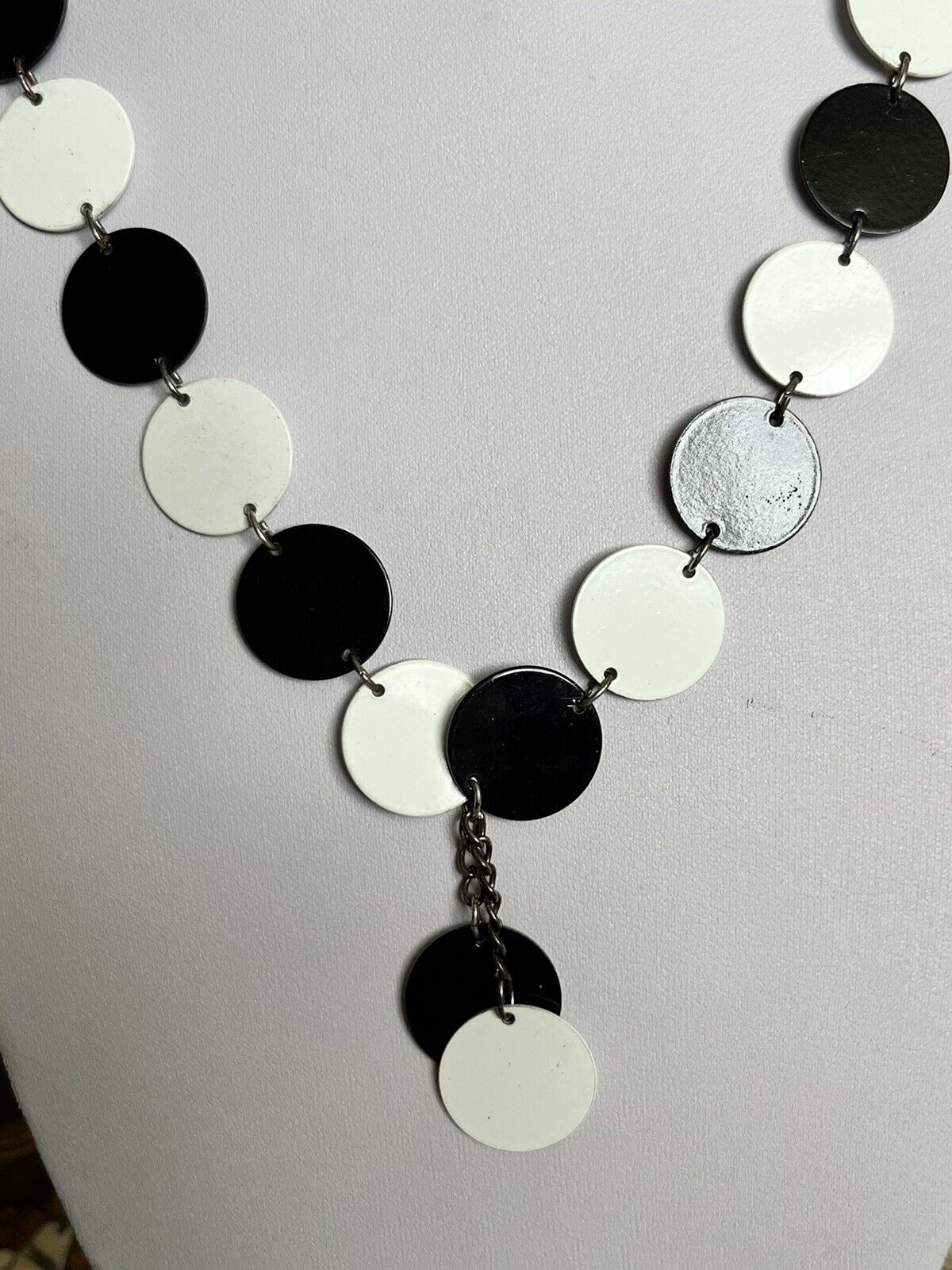 Vintage Black And White Metal Discs Long Length Necklace