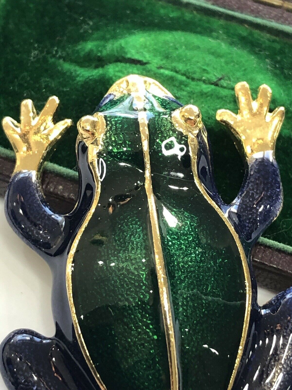 Vintage Gold Tone Green Blue Enamel Statement Frog Brooch