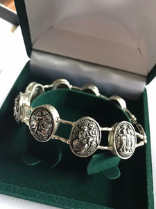 Vintage Silver Tone Etruscan Roman Gods Bracelet Black Background