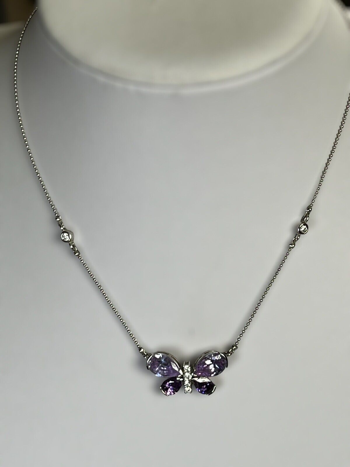 Vintage Rhodium Plated Purple Crystal Diamanté Butterfly Necklace