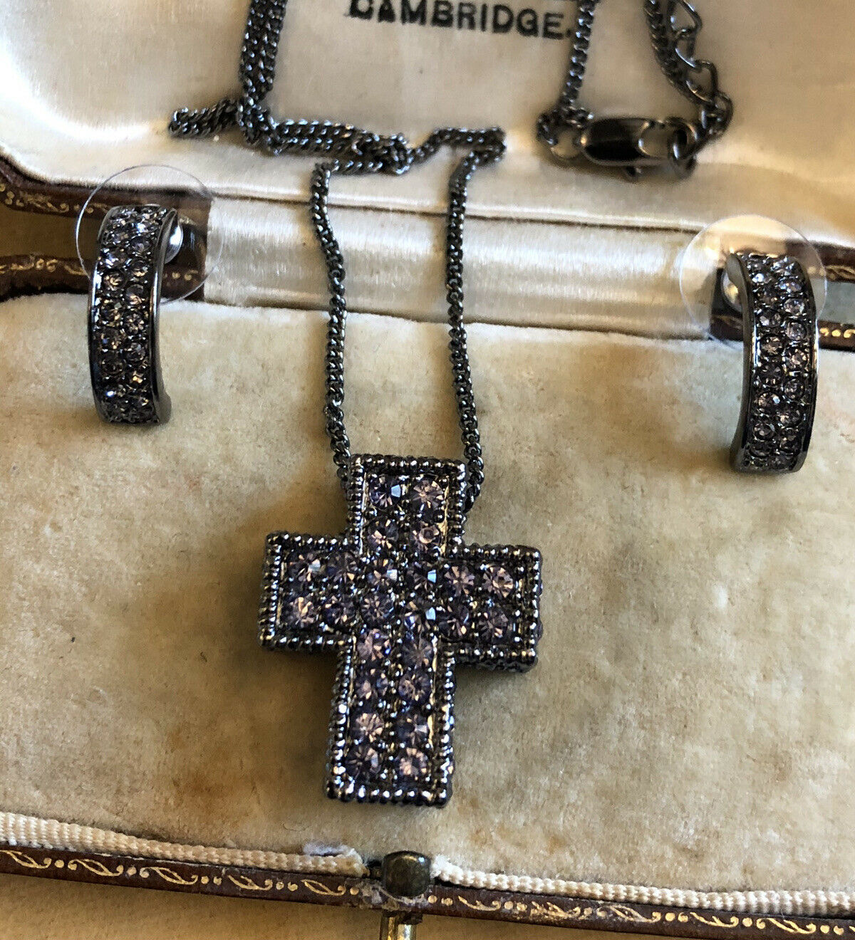 Vintage Gun Metal Diamanté Crucifix Cross Necklace And Earring Set
