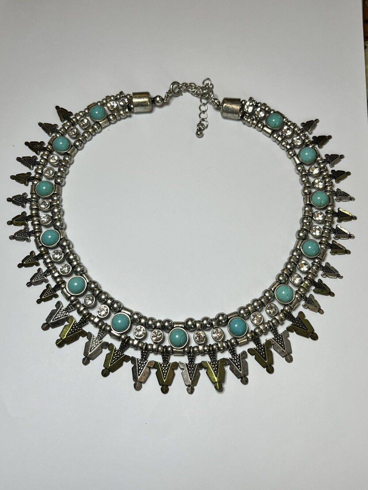 Vintage Silver Gold Tone Diamanté Faux Turquoise Necklace