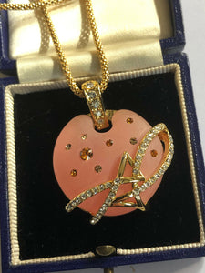 Vintage 1980s Gold Tone Peach Diamanté Pendant Necklace