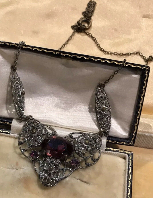 Vintage Detailed Metal Work And Purple Stone Necklace