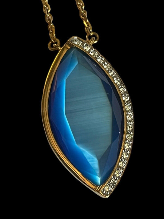 Vintage 1980s Gold Plated Satin Blue Stone  Necklace New Old Stock