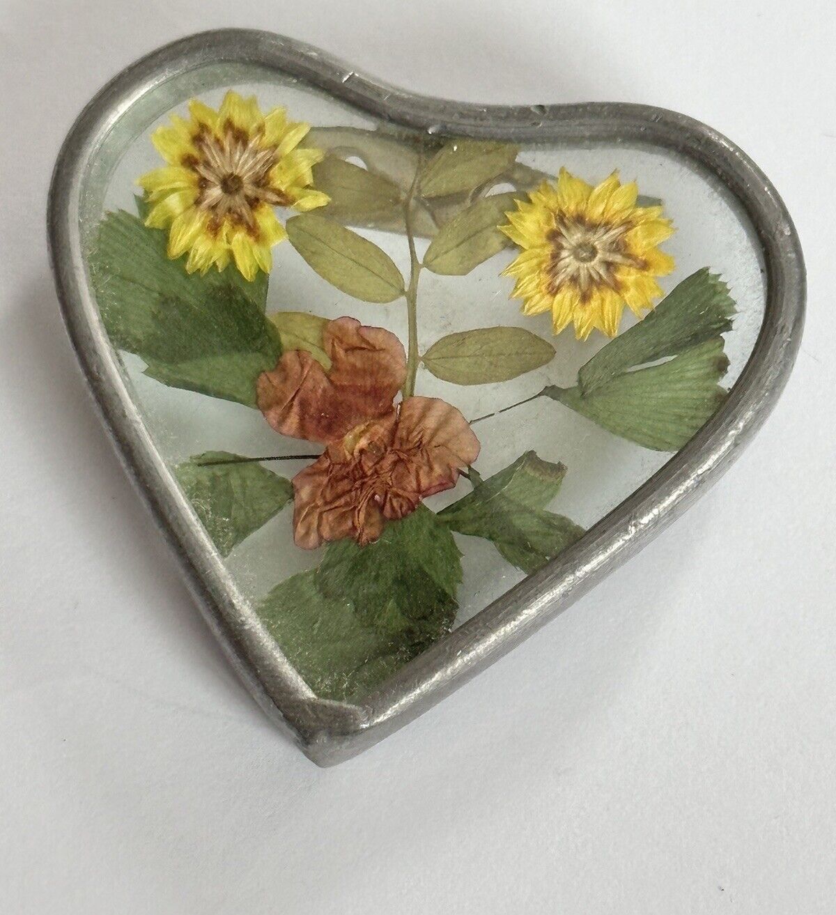 Vintage Dried Flower Heart Brooch