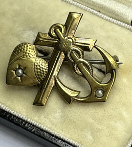 WW1 German Naval Sweetheart Faux Pearl Anchor Cross Heart Brooch