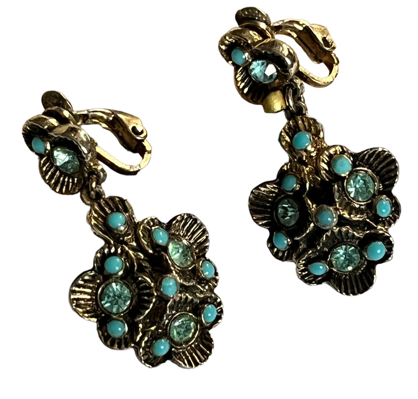 Vintage Jewelcraft Turquoise Stone Drop Clip On Earrings ANTIQUES CHIC