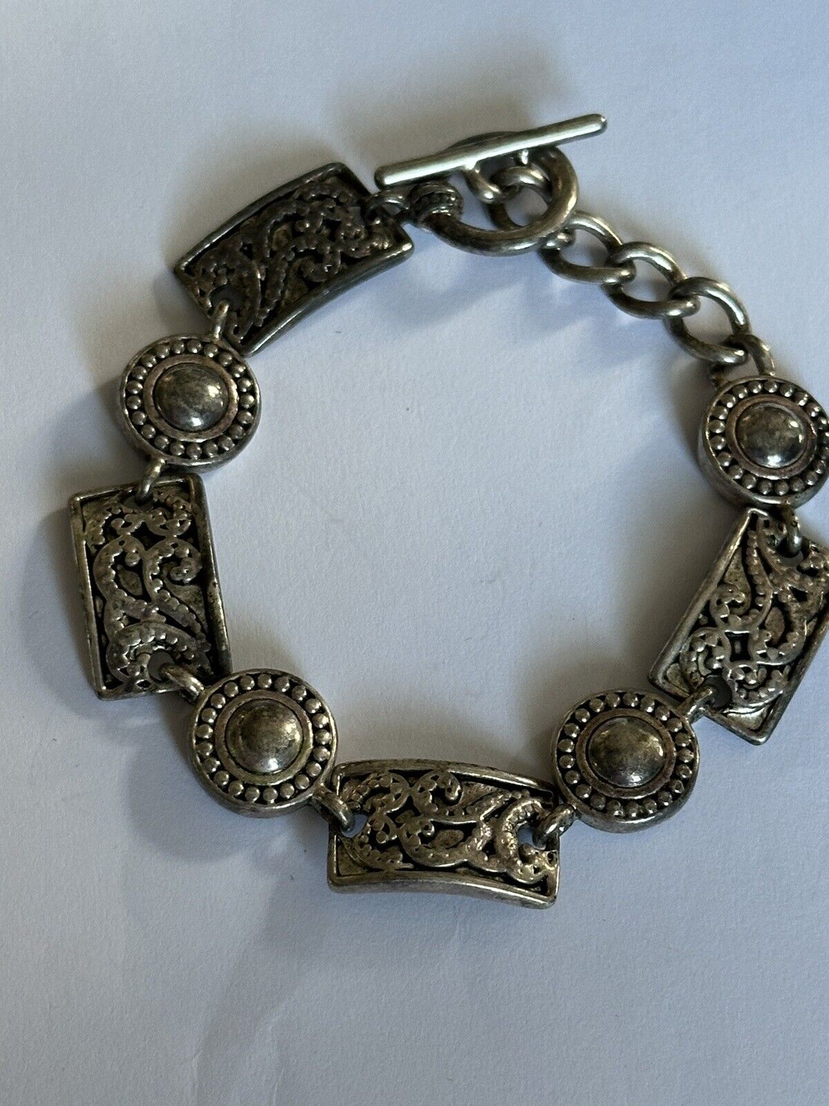 Vintage Silver Tone Etruscan Bracelet Safety Chain
