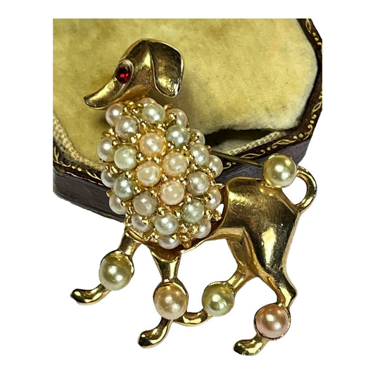 Vintage Gold Tone Faux Pearl Poodle Brooch