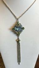 Vintage Silver Tone Statement Blue Green Diamanté Drop Necklace