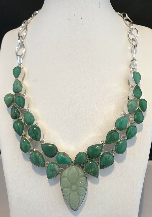 Stylish Statement Natural Green Carved Stone Necklace