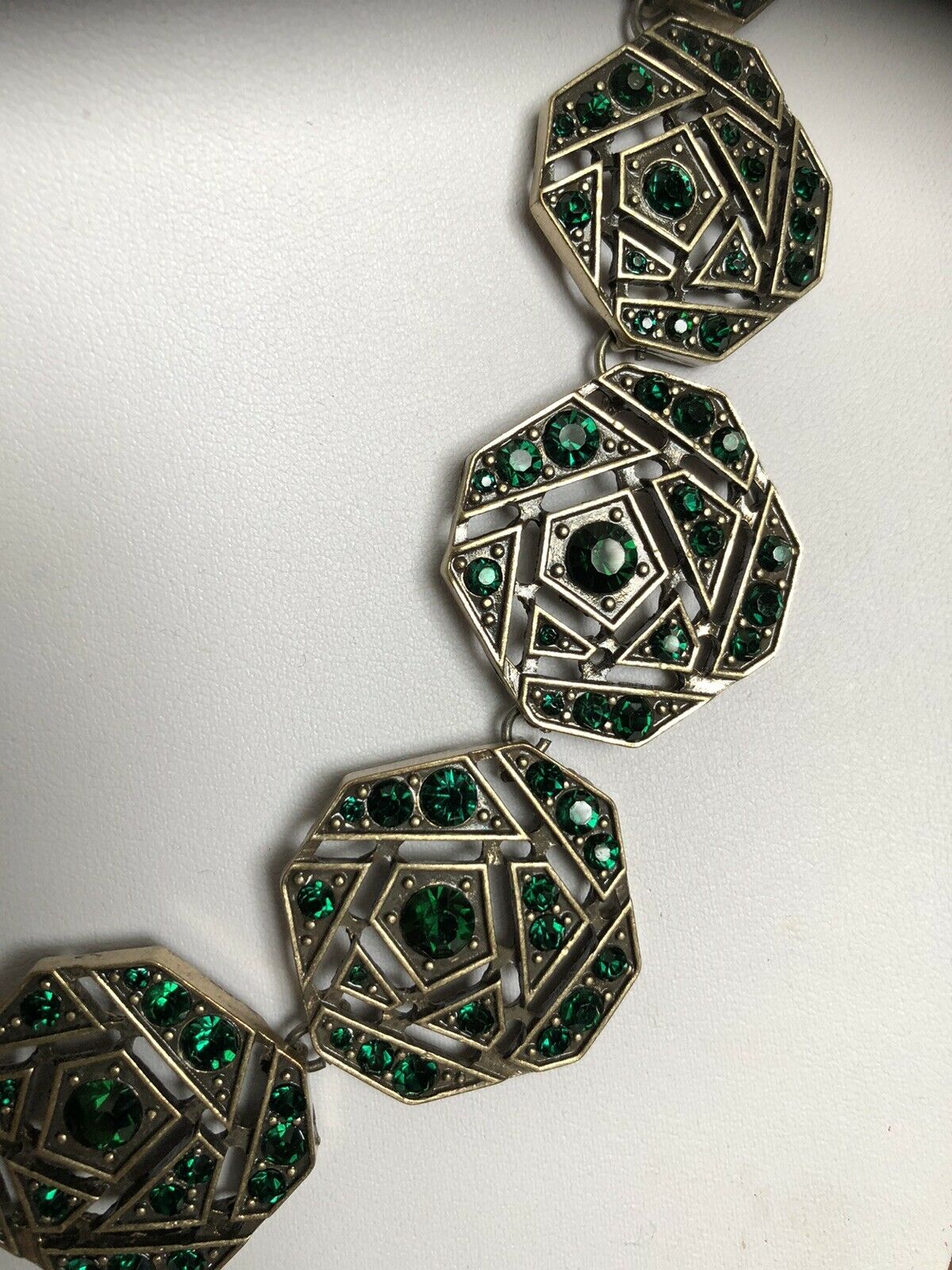 Vintage Geometric Deco Style Green Diamanté Necklace