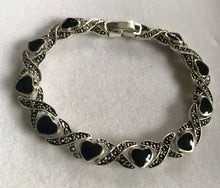 Vintage Silver Tone Black Enamel Hearts Bracelet
