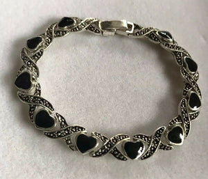Vintage Silver Tone Black Enamel Hearts Bracelet