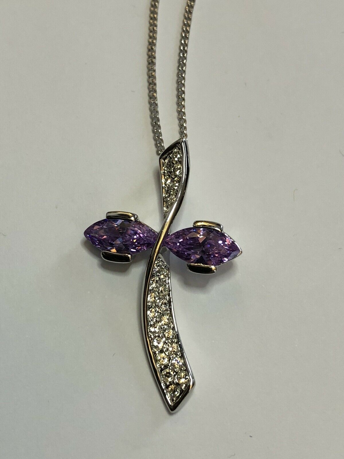 Vintage 1980s Rhodium Plated Purple Crystal Necklace New Old Stock