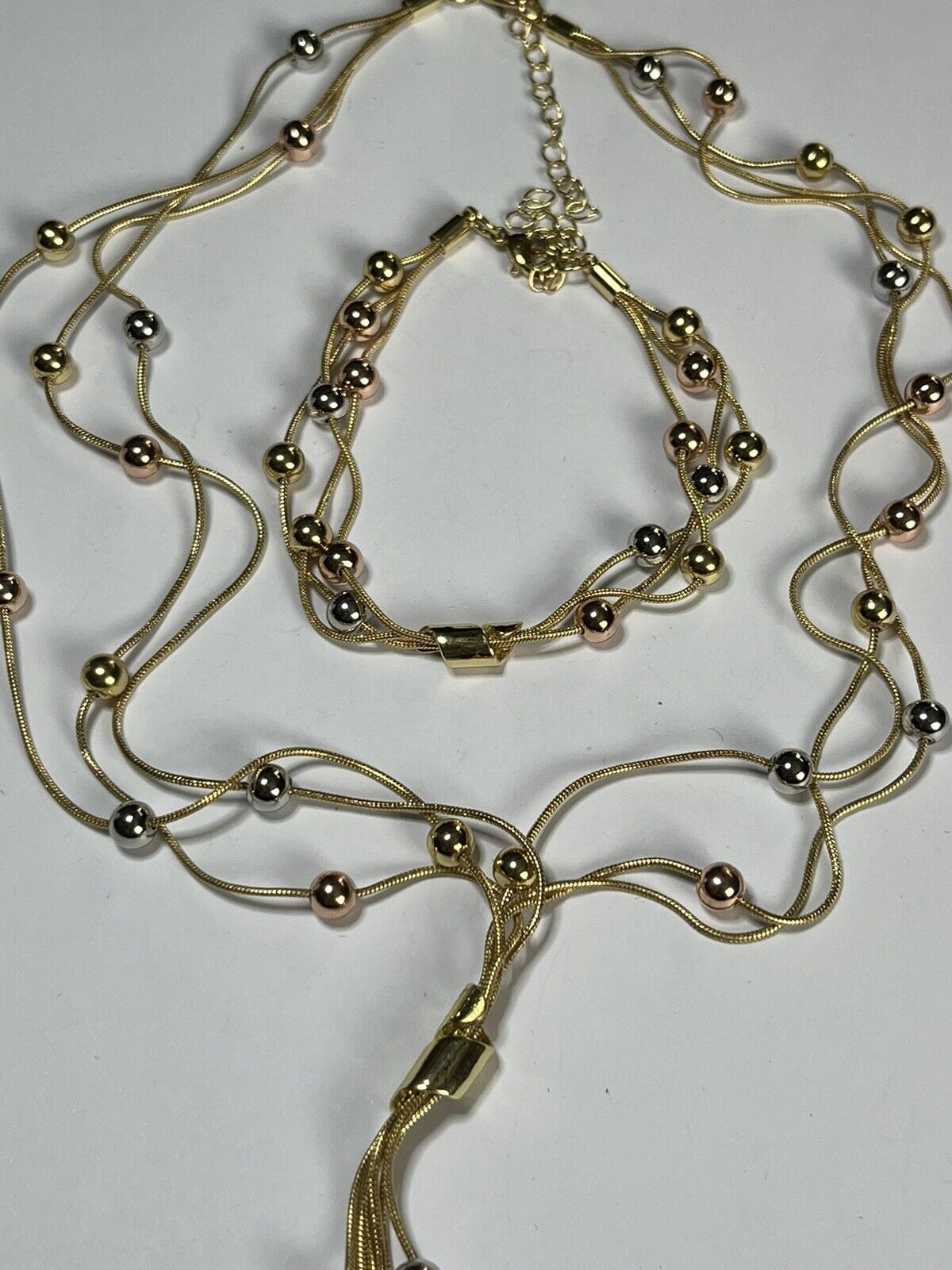 Vintage 3 Tone Metal Balls On Necklace Bracelet Set