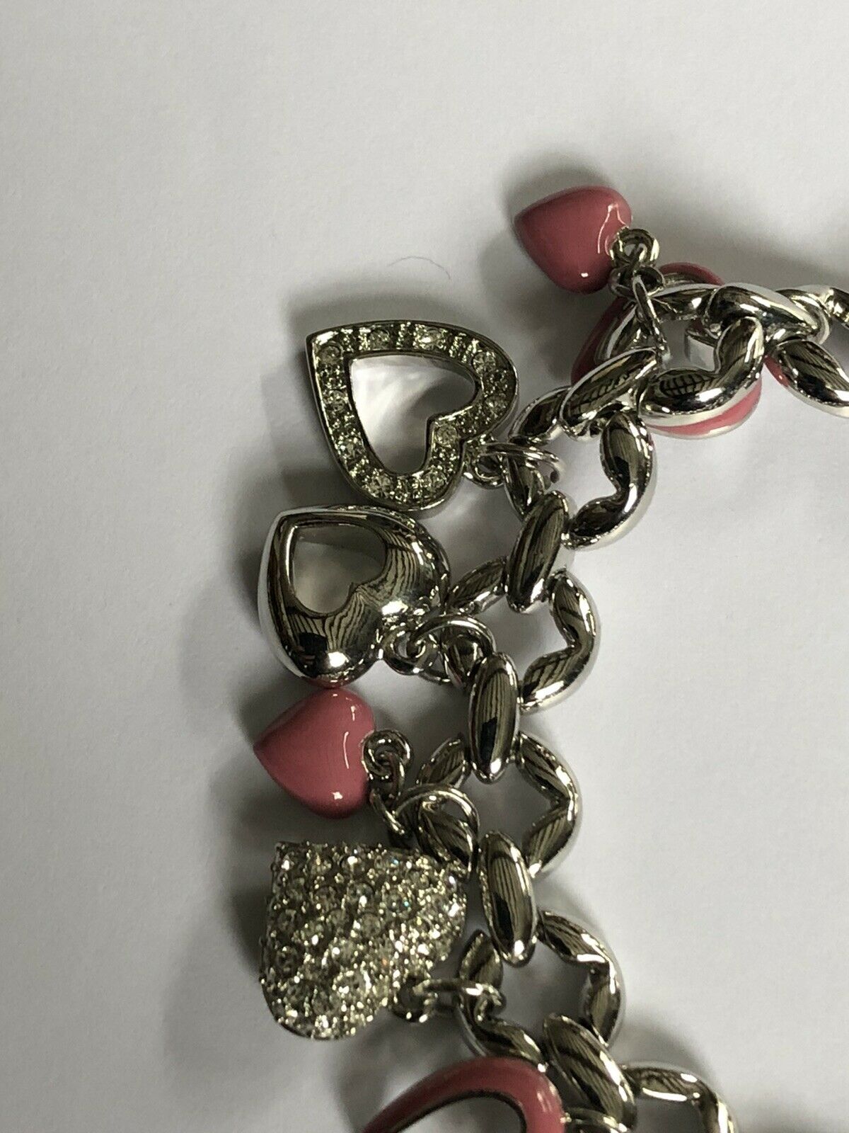 Vintage 1980s Rhodium Plated Pink Enamel Swarovski Crystal Charm Bracelet