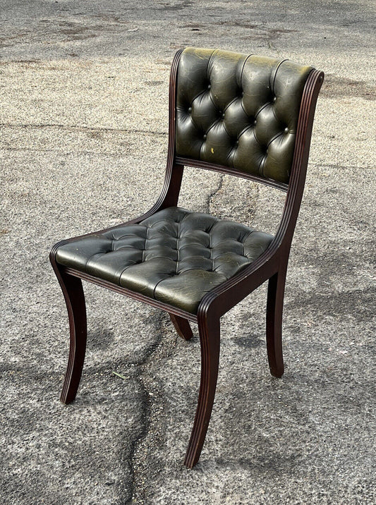 Desk Chair In Green Leather With Buttoned Back.