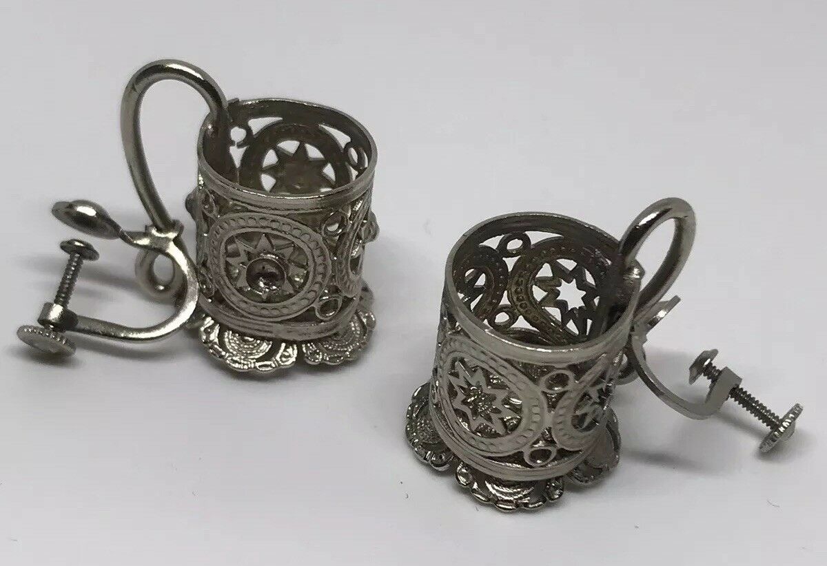 Vintage Cut Out Silver Tone Metal Tankards Screw Back Earrings