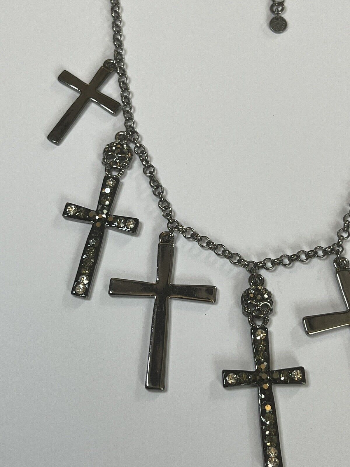 Butler And Wilson Gunmetal Diamanté Crucifix Skulls Statement Necklace
