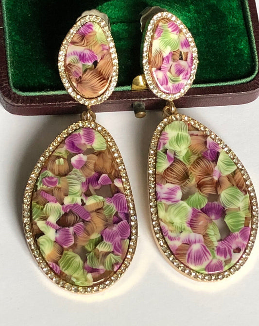 Vintage Statement Pink Green Resin Diamanté Clip On Earrings