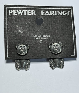 Vintage Pewter Teddy Bear Back Front Pierced Earrings