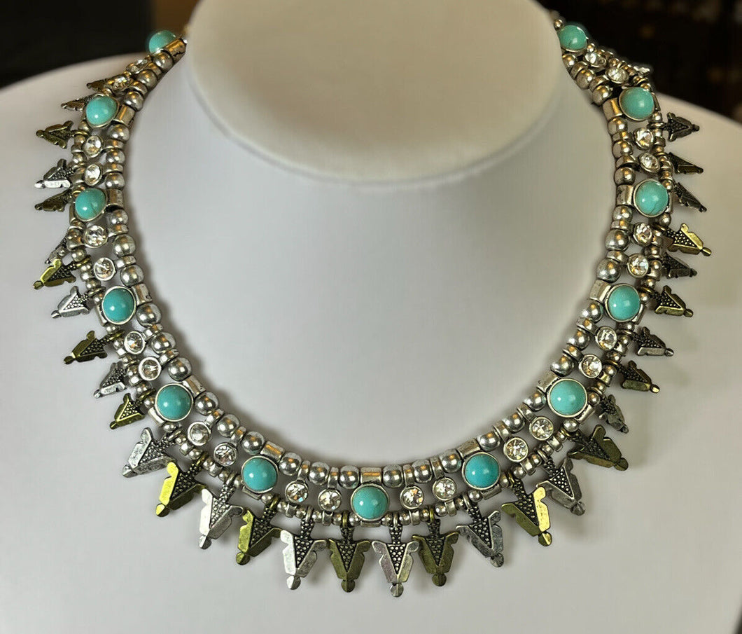 Vintage Silver Gold Tone Diamanté Faux Turquoise Necklace
