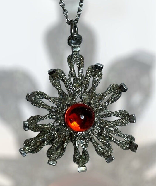 Vintage 1960s Silver Tone Red Cabochon Stone Necklace