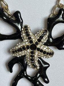 Vintage Black Coral Effect Starfish Diamanté Silver Tone Necklace