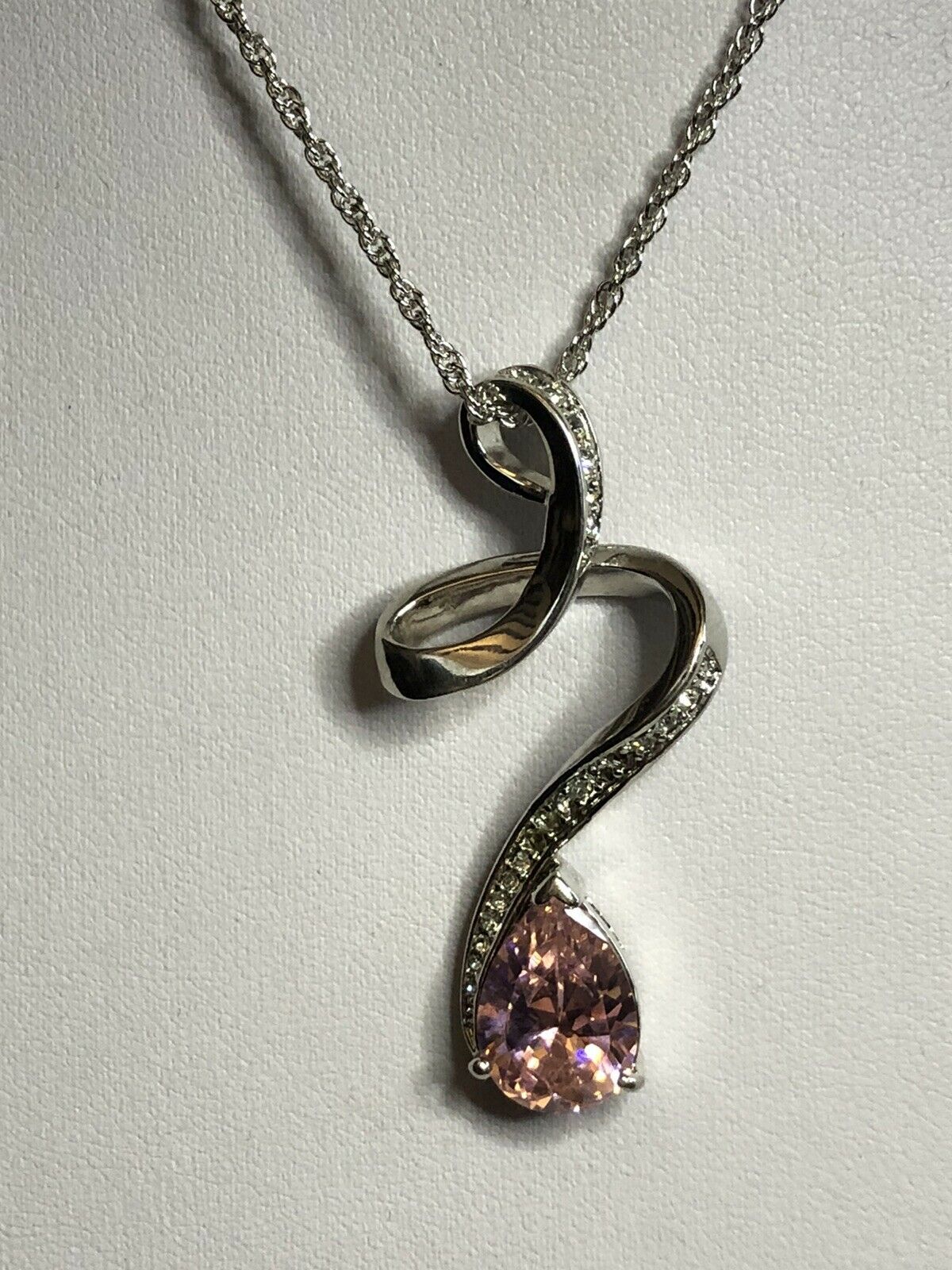 Vintage 1980s Rhodium Plated Pink Teardrop Crystal Necklace New Old Stock