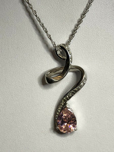 Vintage 1980s Rhodium Plated Pink Teardrop Crystal Necklace New Old Stock