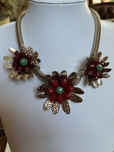 Vintage Statement 1980s Gold Tone Red Flowers Necklace