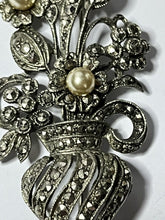 Vintage Silver Tone Marcasite Faux Pearl Flower In Vase Brooch