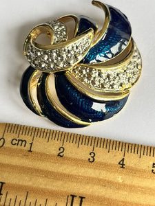 Vintage Gold Tone Blue Enamel Swirl Brooch