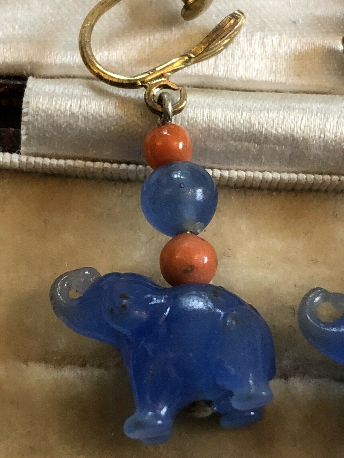 Vintage Early Deco Glass Elephant And Orange Bead Drop Screwback Earrings