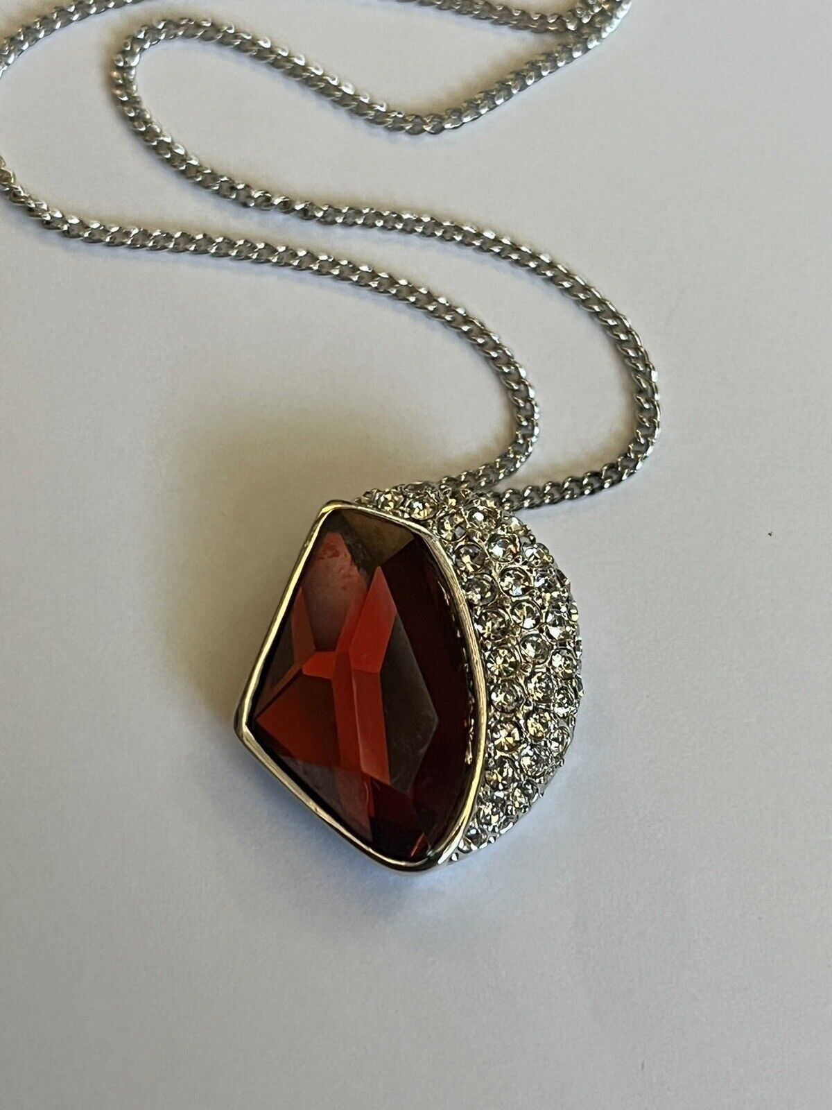 Vintage 1980s Rhodium Plated Red Crystal Necklace New Old Stock