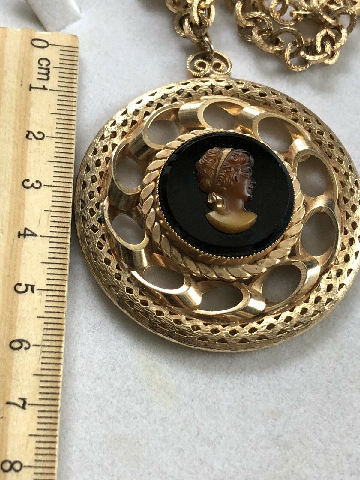 Vintage Cameo Glass Gold Tone Statement Long Length Necklace