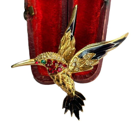 Vintage Gold Plated Red Diamanté Black Enamel Bird Brooch