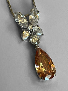 Vintage 1980s Rhodium Plated Orange Teardrop Crystal Necklace New Old Stock