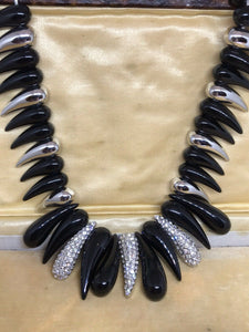 Vintage Black Silver Metal Diamanté Necklace