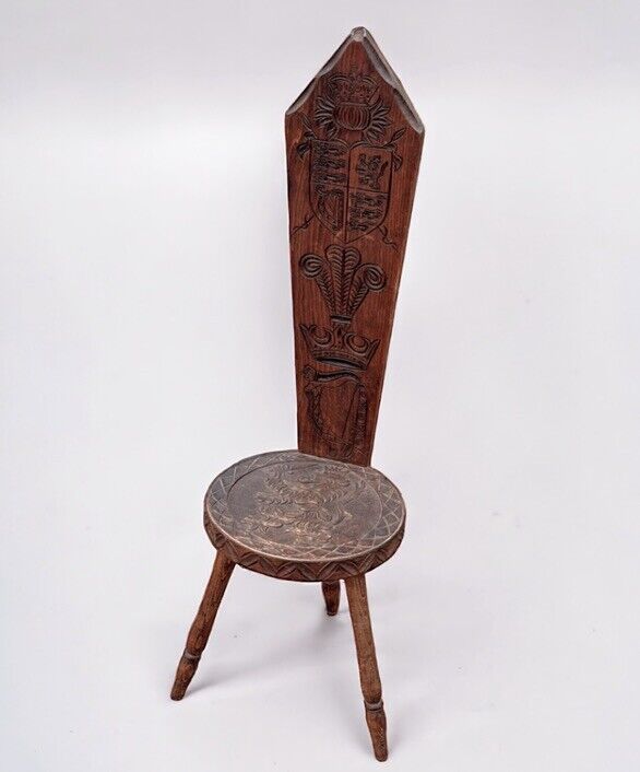 Antique English Caved Oak Spinning Chair, With Carved Coats Of Arms