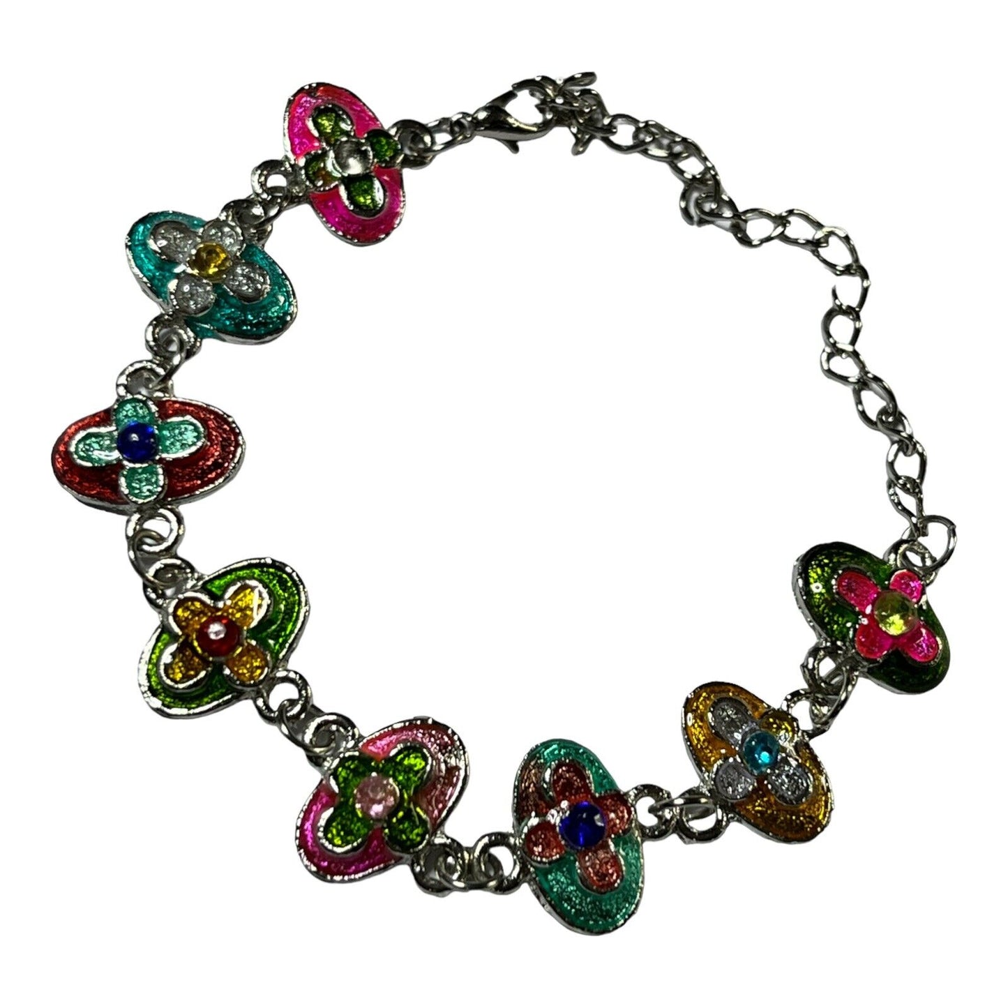 Vintage Silver Tone Enamel Multicoloured Flowers Bracelet