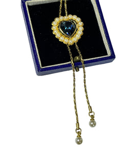 Vintage Faux Pearl Blue Heart Diamanté Adjustable Necklace