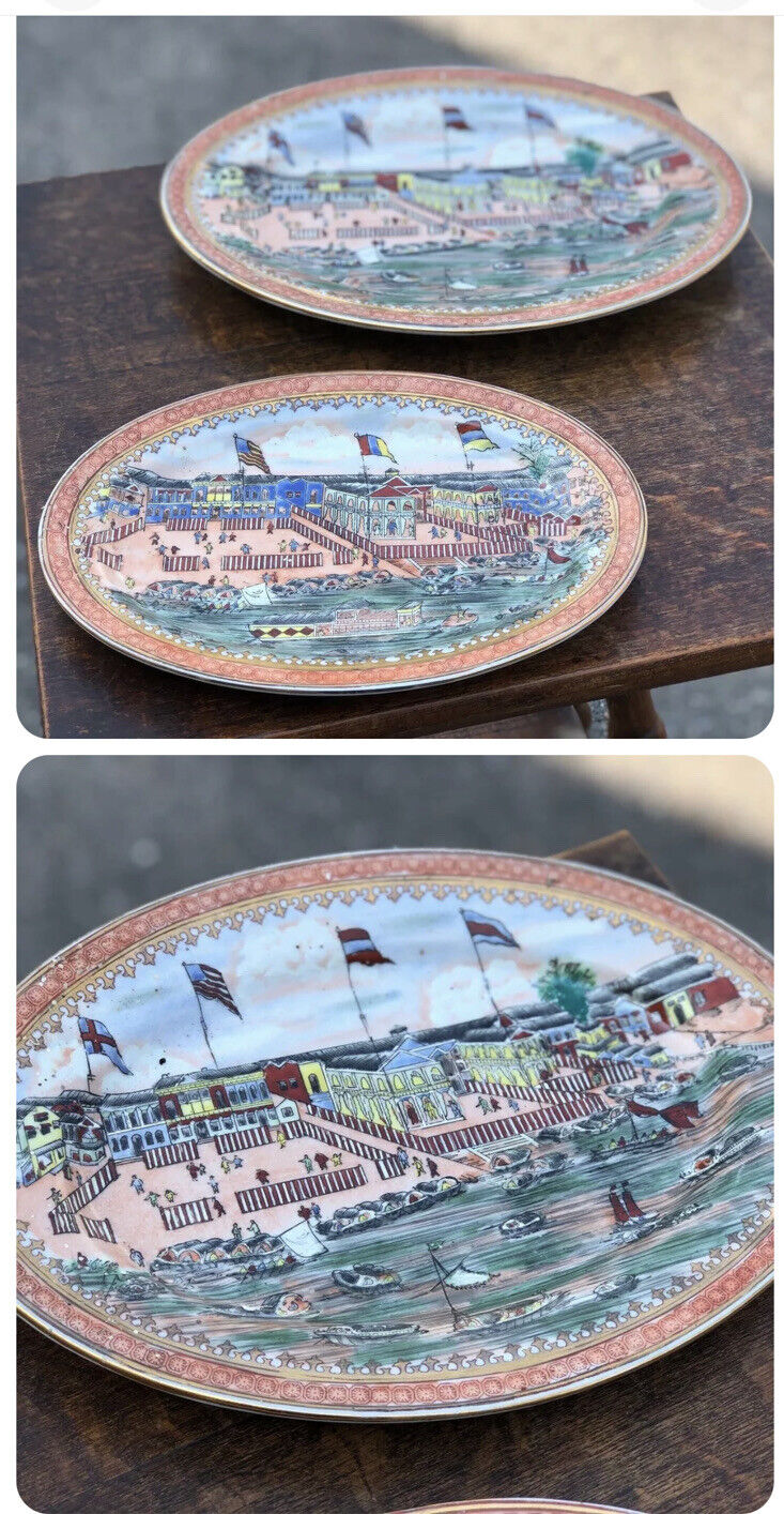 Pair Of Chinese Platters Decorated With Coastal Scenes