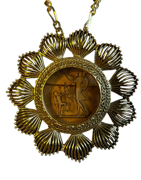 Vintage Gold Plated Etched Glass Pendant Brooch 18K Plated Chain