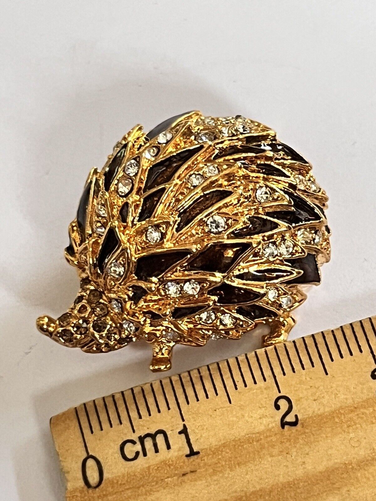 Vintage Gold Tone Brown Enamel Diamanté Hedgehog Brooch