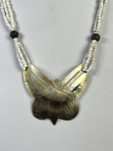 Vintage Mother Of Pearl Shell Carved Butterfly Beaded Necklace